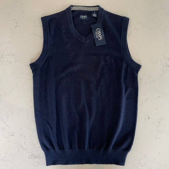 Chaps Sporty Preppy V Neck Knit 100% Cotton Sweater Vest Newport Blue Sz S NWT - Picture 15 of 15